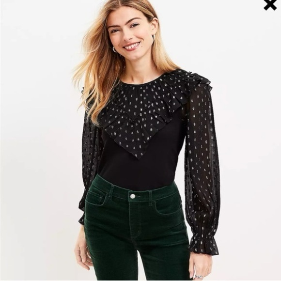 Loft Black Long Sleeve Polka Dot Embroidered Ruffle Medium Petite Top - Picture 1 of 6